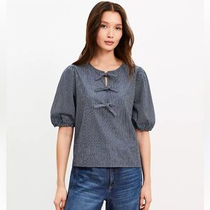 LOFT Striped Chambray Bow Top Size Large